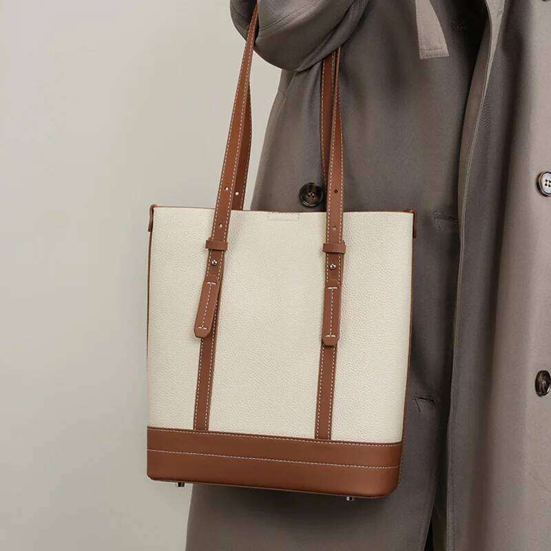 Ladies' Casual Cowhide Genuine Leather Shoulder Female Commute Shopping Bucket Tote Bag Large Capacity Women Composite Bags