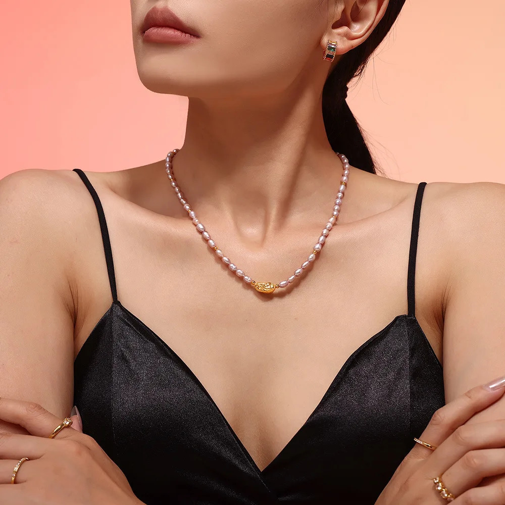 Elegant Purple Freshwater Pearl Necklace for Women Copper Beaded Clavicle Chain Jewelry Gift Wholesale 250520