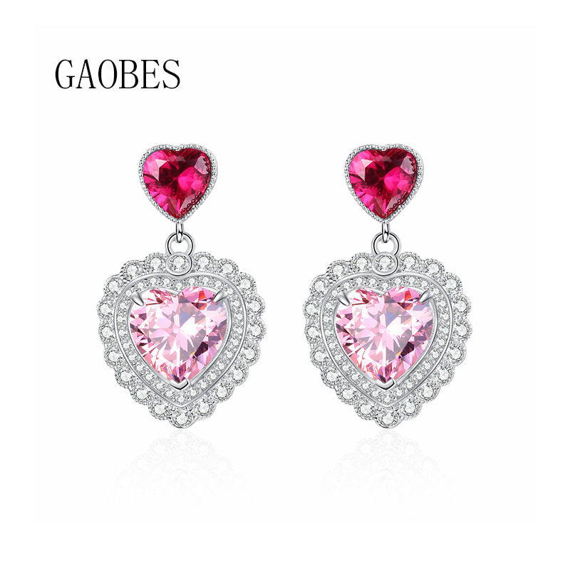 S925 Sterling Silver Heart Shaped Pink Gemstone Earrings, Elegant Drop Design, Luxury Women's Jewelry for Chic and Sophisticated Looks