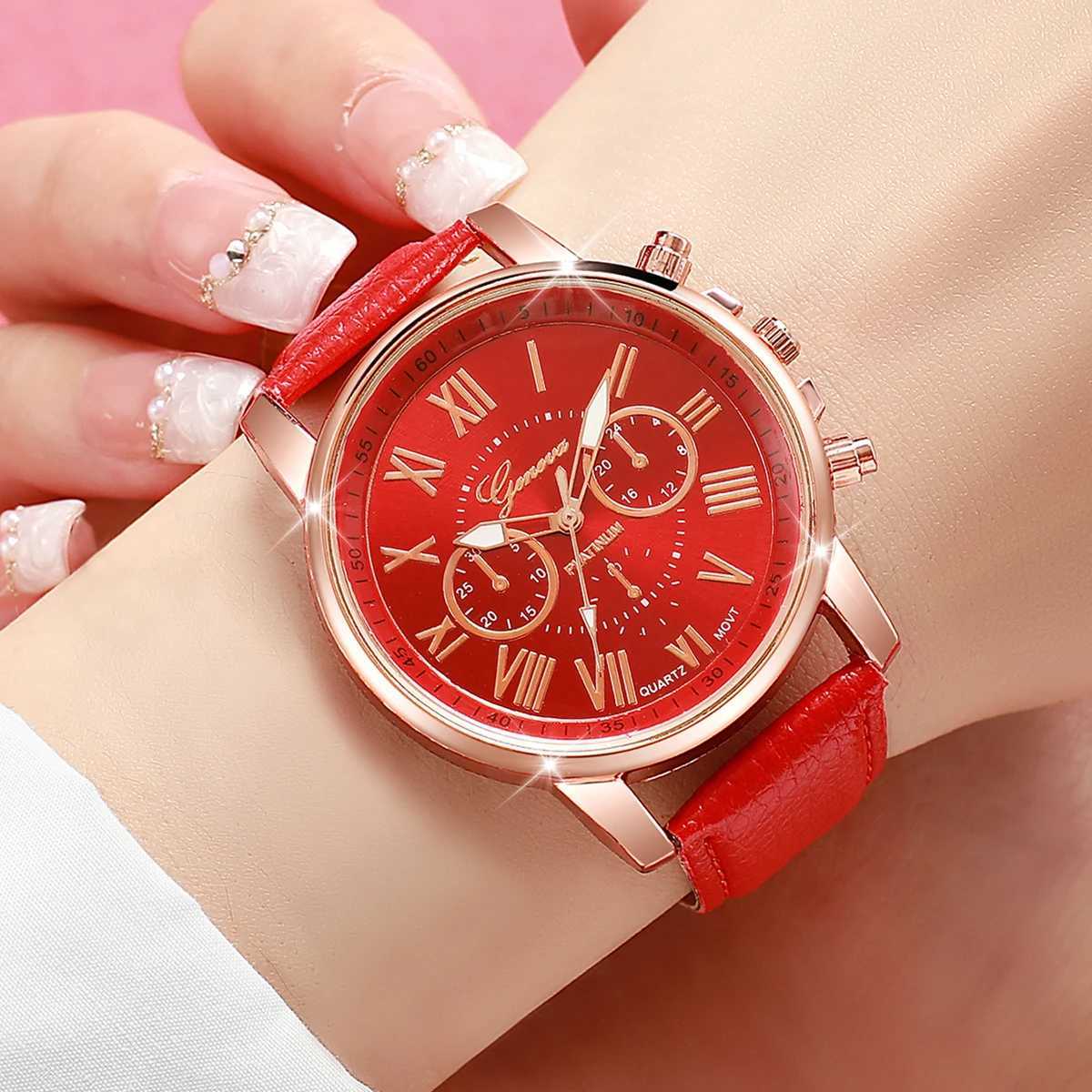 6PCS/Set Fashion Roma Dial Womens Quartz Watch Casual Leather Band Analog Wrist WatchesWithout BoxXJ250527