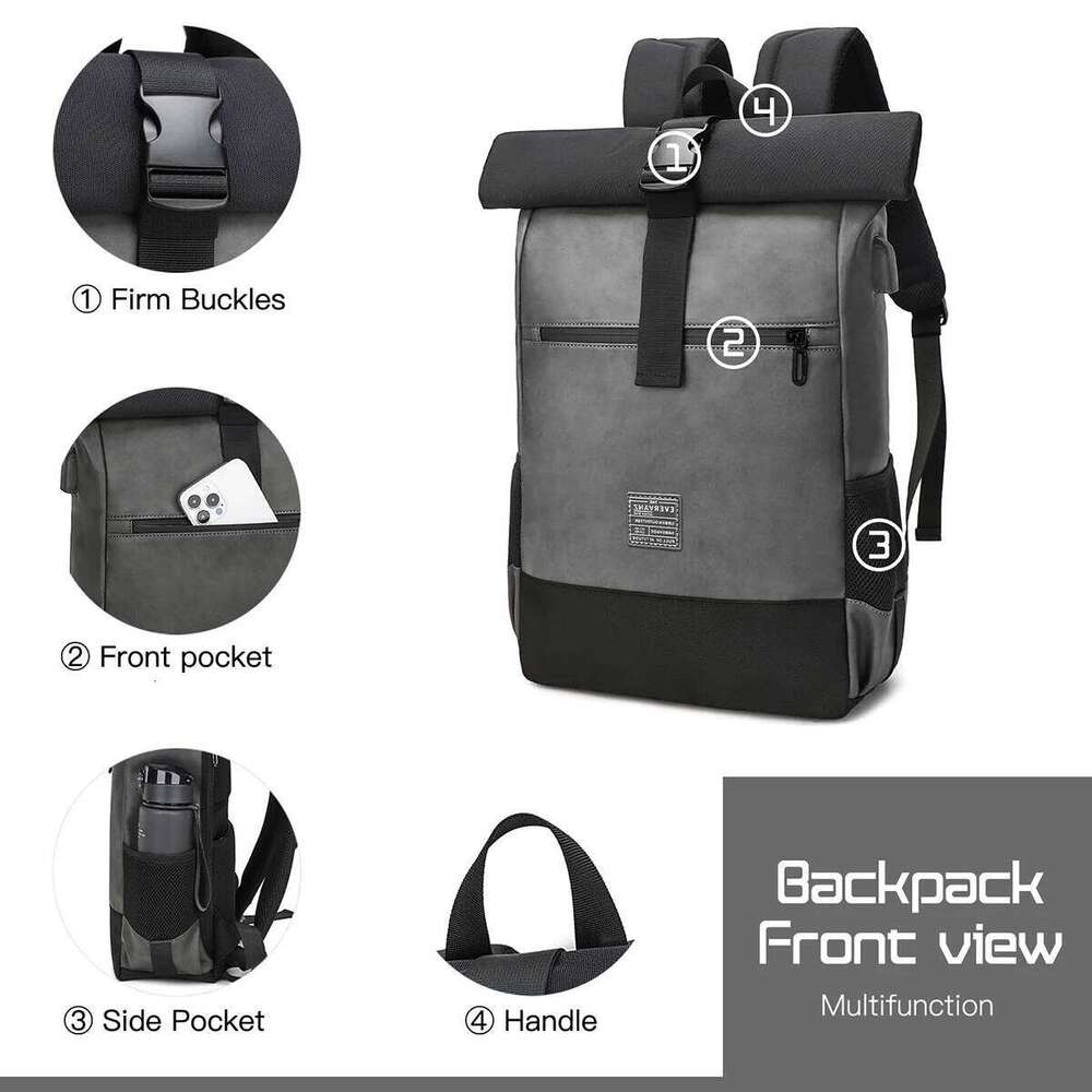 EverVanz Roll top Travel Waterproof PU Rucksack Men Women 17 Inch Laptop Bag Stylish College Backpack Schoolbag