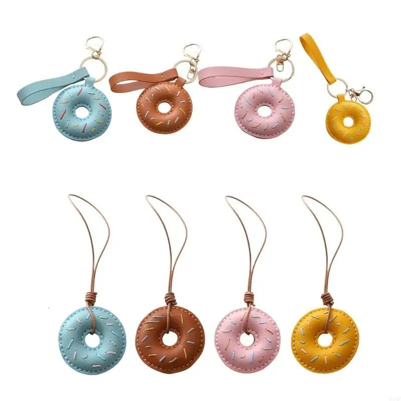 91AF Elegant PU Leather Doughnuts Keyring/Lanyard Decorative Keychain Charm Fashionable Bag Pendant Accessory for Women 250527