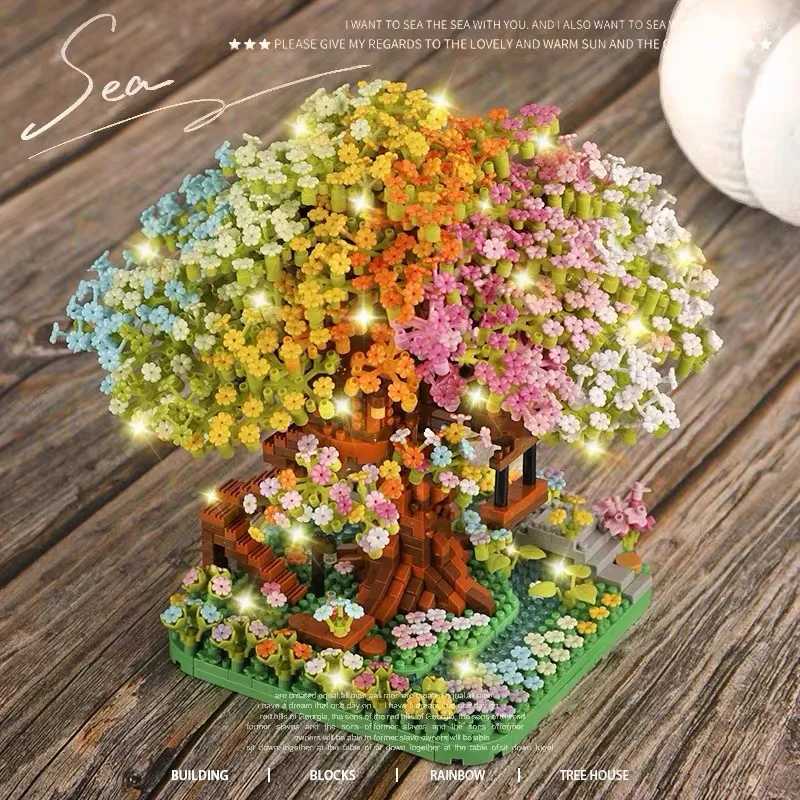 Mini Sakura Flower Building Blocks DIY Cherry Blossom Rainbow Treehouse Model Gift for Girls Kids Toys Free shipping