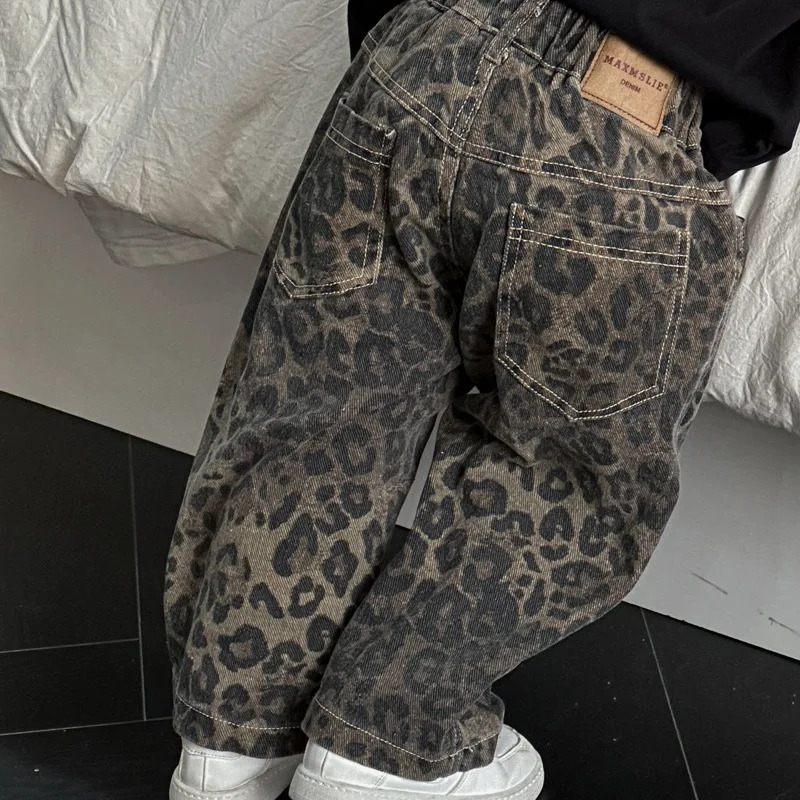 Hip Hop Casual Loose Childrens Pants Four Seasons Pure Cotton Leopard Pattern Jeans Trendy 250528