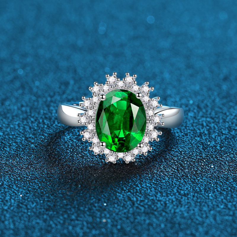 Elegant S925 Sterling Silver Emerald Green Ring with Full Diamond Setting, Women's Luxury Minimalist Jewelry
