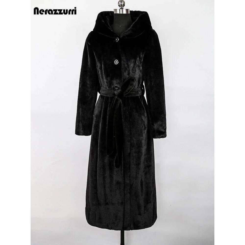 Nerazzurri Winter Long Soft Warm Fluffy Faux Mink Fur Coat Women with Hood Single Breasted Elegant Overcoat 2022