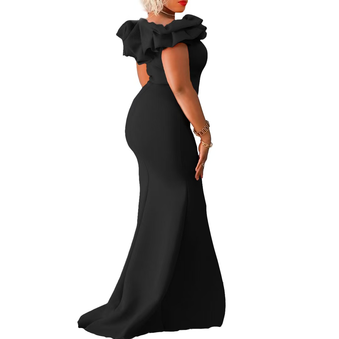 Plus size evening dresses 2025 new solid color long dresses fishtail dresses with ruffle trim slim fit skirts Designer Luxury Dresses