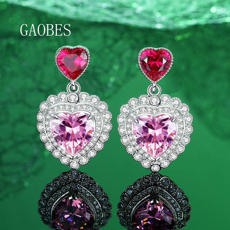 S925 Sterling Silver Heart Shaped Pink Gemstone Earrings, Elegant Drop Design, Luxury Women's Jewelry for Chic and Sophisticated Looks