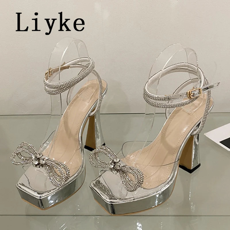 Liyke Super High Sexy Sandals Ladies 2025 Summer Open Toe Crystal Bowknot Platform Heels Party Wedding Shoes Women Black White 250526