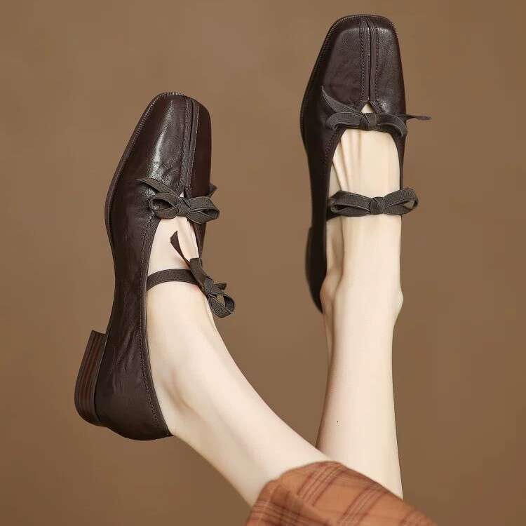 Hot Academy Hot Soft Bow Mary Jane Small Leather Versatile Square Head Flat Single Shoes for Women 2025 New Style
