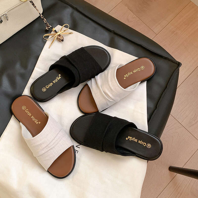 Su Yinyin Same Bangkok ~ Vacation Style Beach Linen Pleated Flat Sandals for Women Outdoor Summer Slippers