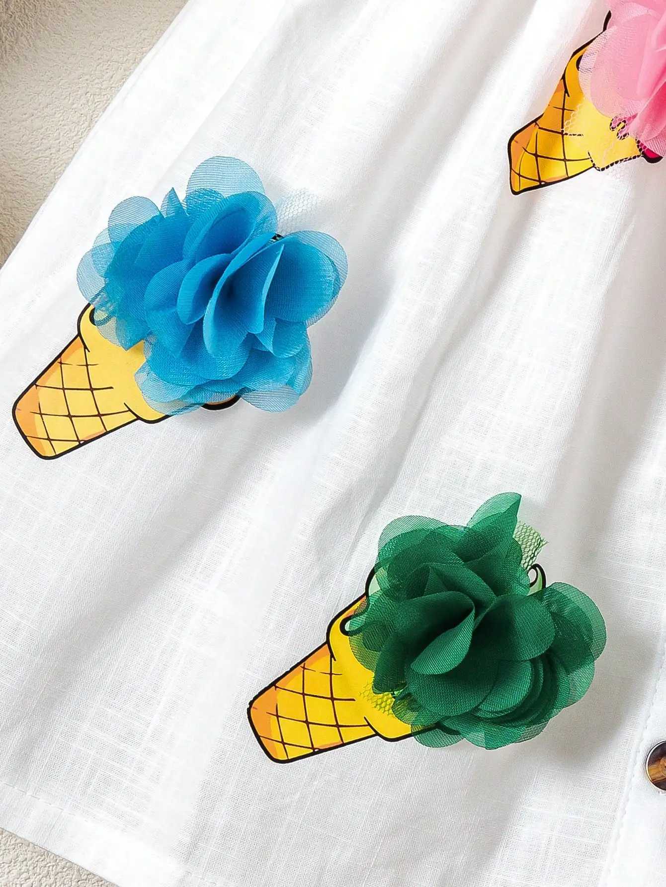Girls Ice Cream Print Dress - White Woven Sleeveless Summer Gown with 3D Flowers Soft Outfit for Family Daily 4-7Y X250528