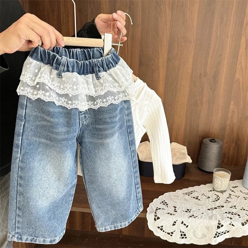 Childrens Girls Jeans Princess Lace Splicing Pants Girl Spring Fashion Trousers Kids Casual Autumn Clothing 210Y 250528