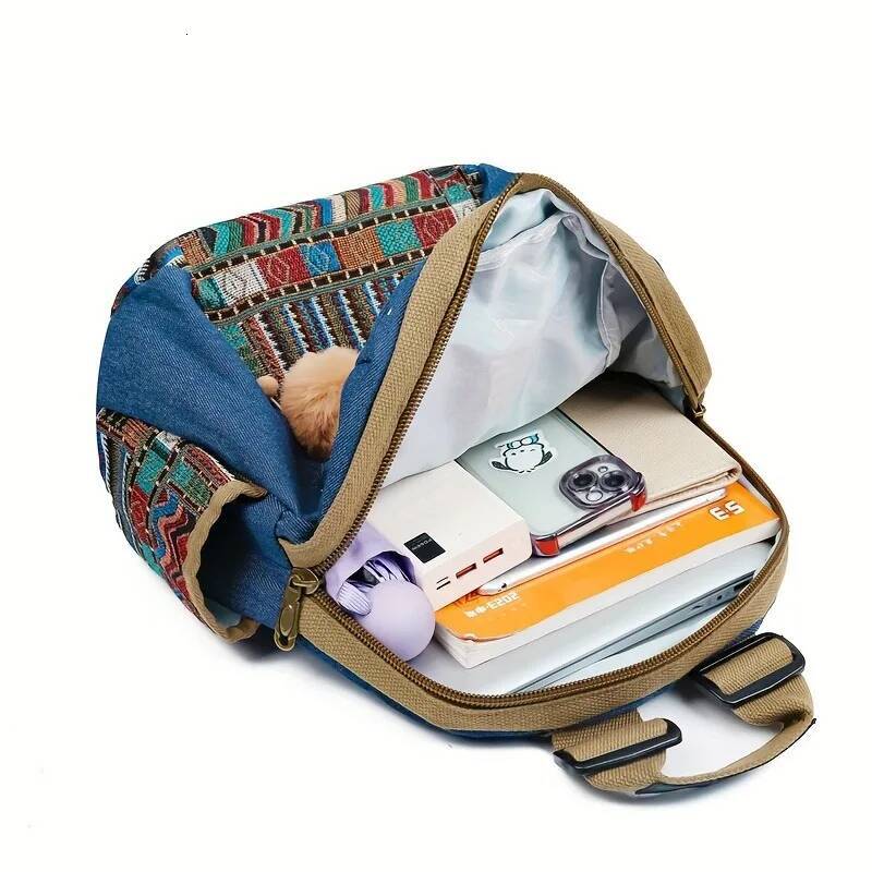New Bohemian Denim Backpack Vintage Embroidery Spacious Travel Bag Casual Commuter Rucksack for College Student Office Daily Use