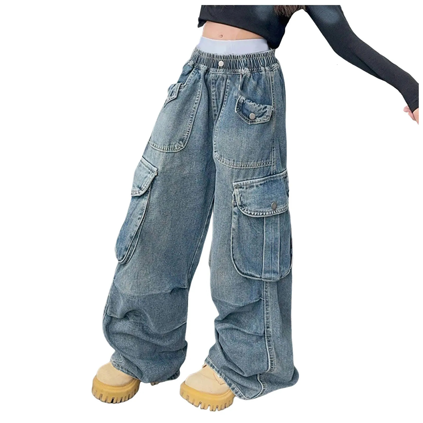 Girls Big Pocket Jeans Fashion Casual Workwear Wide Leg Pants Spring Summer Children Daily Comfy Oversized Trousers Kids Bottom 250528