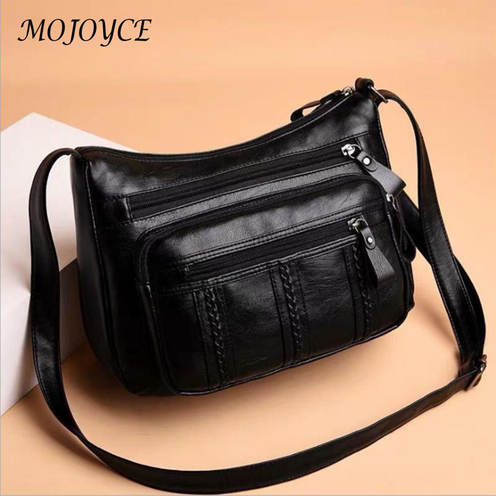 Soft Leather Women Solid Crossbody Bags Braided Multi Pocket Shoulder Handbags