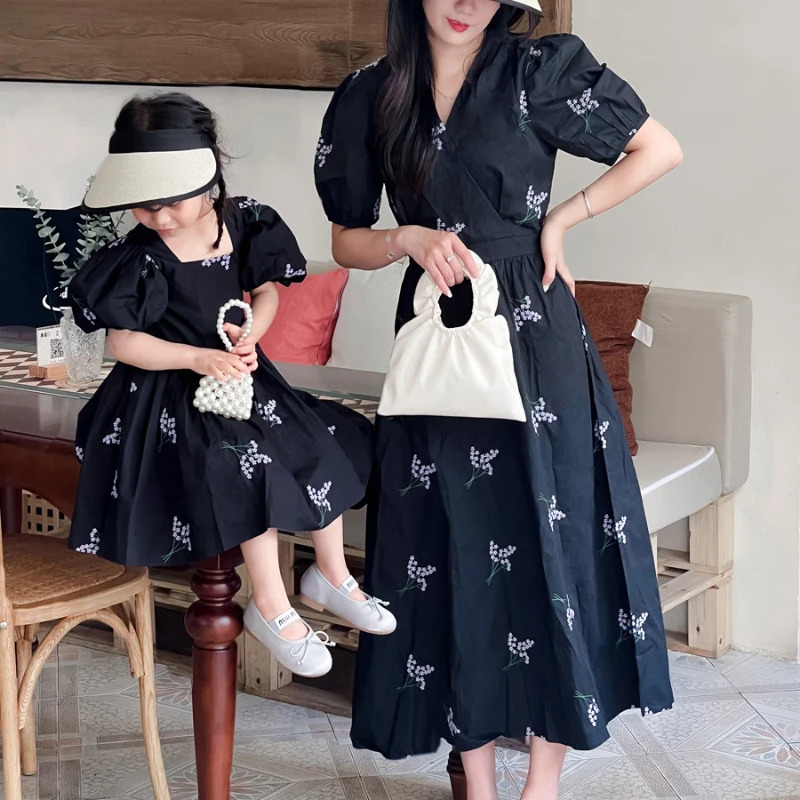 Like Mother Like Daughter Dresses Elegant and Pretty Same Mom and Baby Girl Princess Dress for Womens Blue Short Sleeve Frocks 250528
