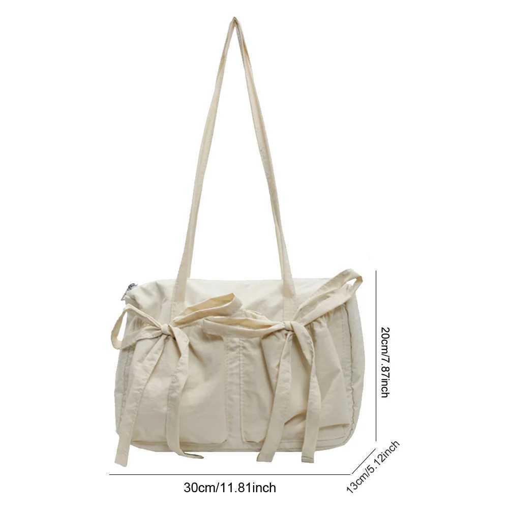 Women Plain Drawstring with Bow Canvas Cute Shoulder Bag Zipper Large Tote Handbag Large Capacity Solid Underarm Bag Y250528
