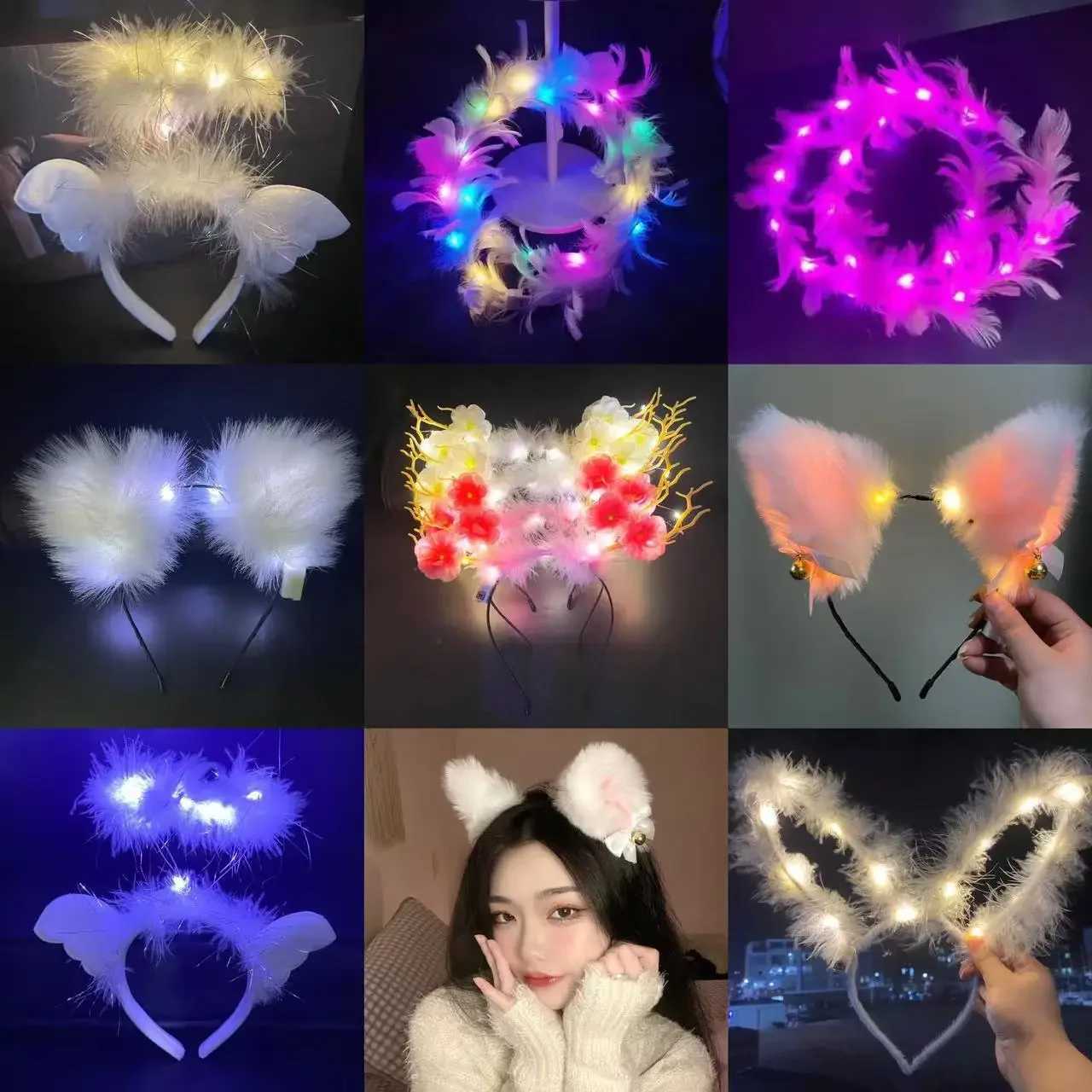 10pcs Adult Kids Carnival Light up Headband LED Flower Crown Christmas Feather Blinking Hair accessories Party Supplies W250528
