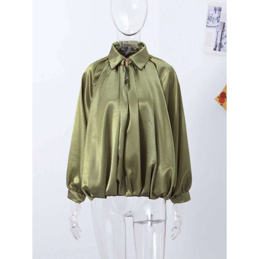 Elegant Green Suede Jacket Women Long Puff Sleeve Lapel Zipper Loose Jackets 2025 Spring Autumn Street Pleated Short Outwear