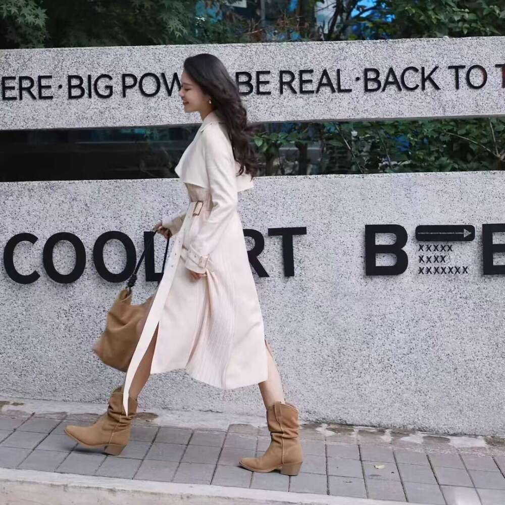 Zhao Lusi Style Slouch Suede Pointed Toe Chunky Heel Western Cowboy 2024 Mid-Calf Martin Women's Short Boots