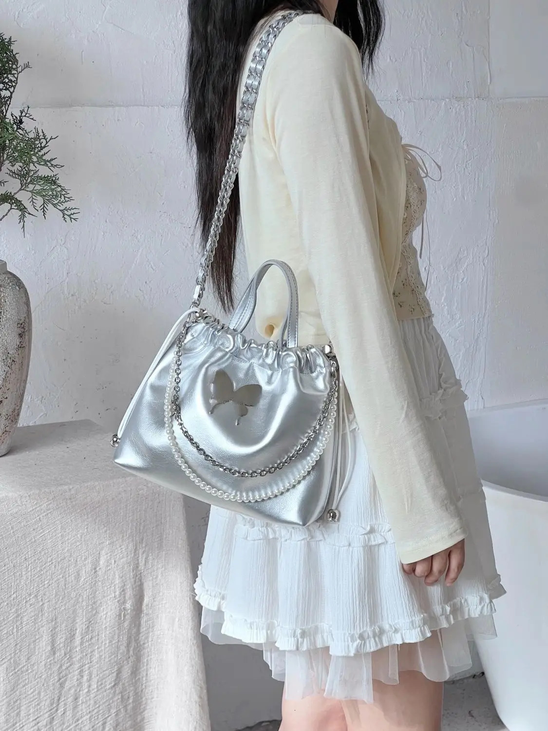 JIAERDI Sweet Silver Y2k Mochila Women Harajuku Vintage Leather Pearl Chic Mini Backpacks Ladies Fairycore Backpack Aesthetic 250527