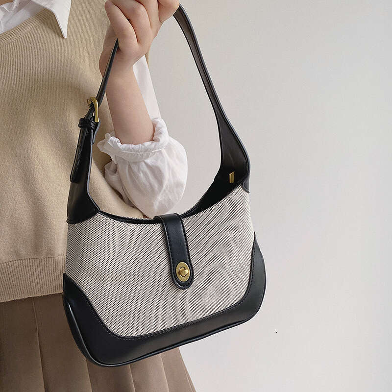 2024 New Canvas Shoulder Bag for Women, Crescent Underarm Bag, Niche Ins Style, Patchwork Color Block Handbag