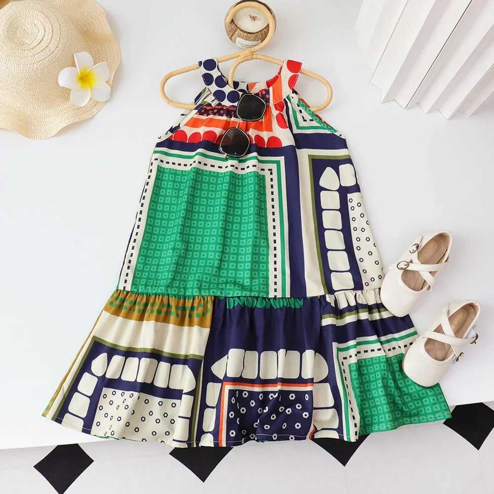 Summer Girls Clothing Geometric Pattern Hanging Neck Dress Sleeveless Strap Spliced Dress Kids Dresses for Girls X250528