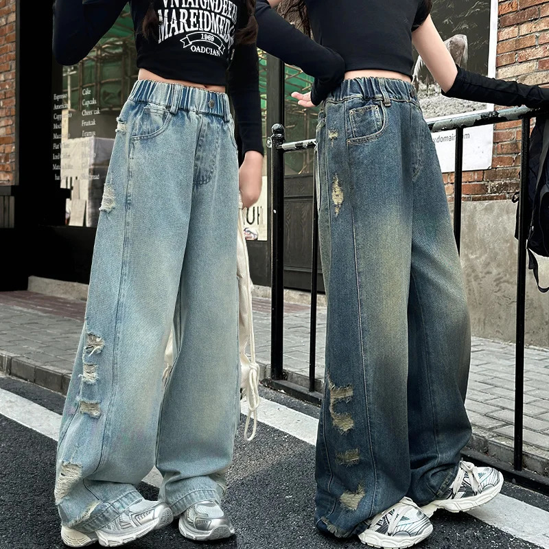 Street Stylish Kids Child Wide Leg Distressed Ripped Jeans with Side Holes for Girls Destroyed Denim Pants Trousers Age 514 250528