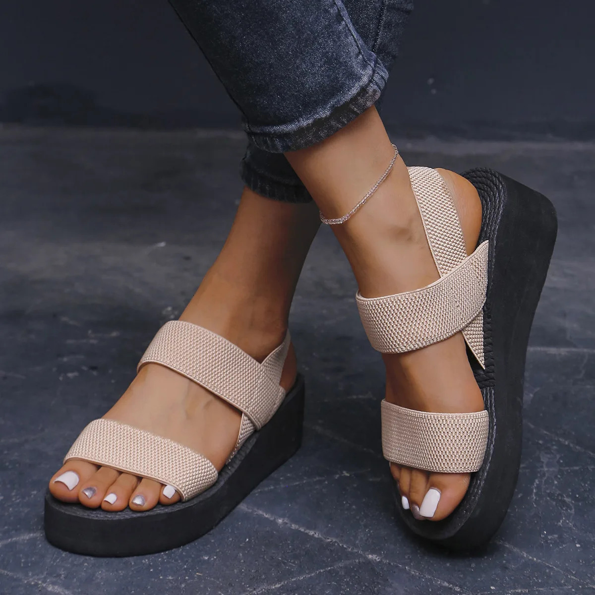 1pair Womens Minimalist Wedge Sandals Open Toe Thick Soled Platform Casual Sandals Ankle Strap Slingback Sandalias Solid Color 250519