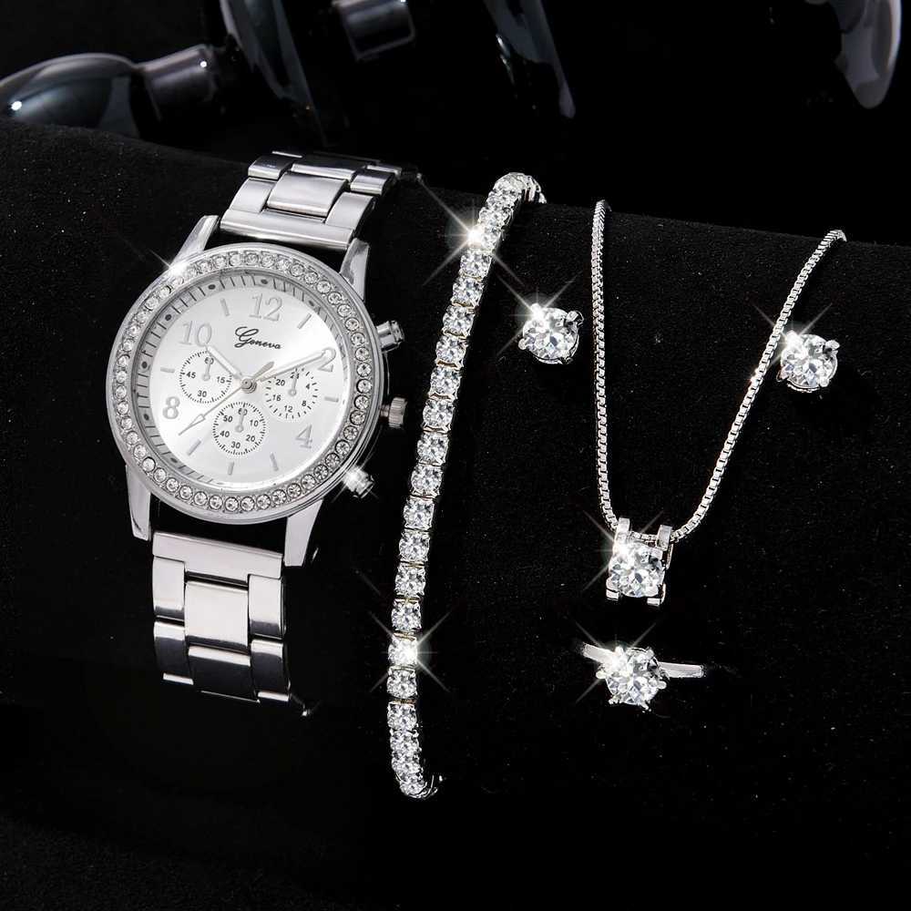 6PCS Set Luxury Watch Women Ring Necklace Earrings Rhinestone Fashion Wristwatch Female Casual Ladies Watches Bracelet Set Clock XJ250527