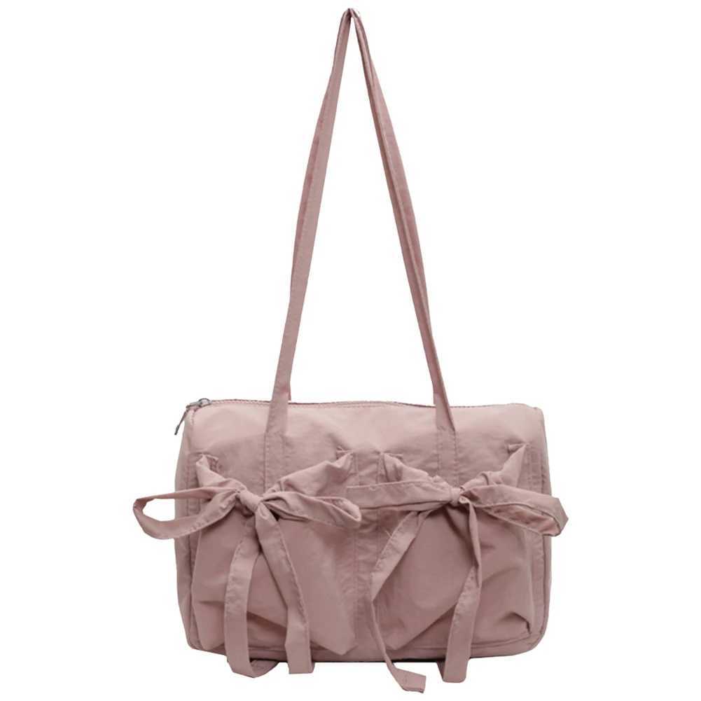 Women Plain Drawstring with Bow Canvas Cute Shoulder Bag Zipper Large Tote Handbag Large Capacity Solid Underarm Bag Y250528