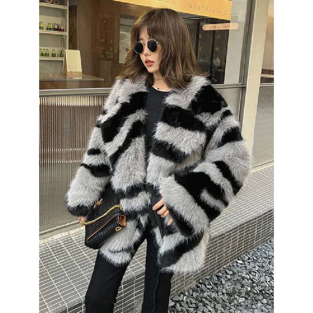 HIGH QUALITY Winter Zebra Striped Large Lapel Coat Long Sleeve Warm Shaggy Faux Fur Jacket Loose Outwear