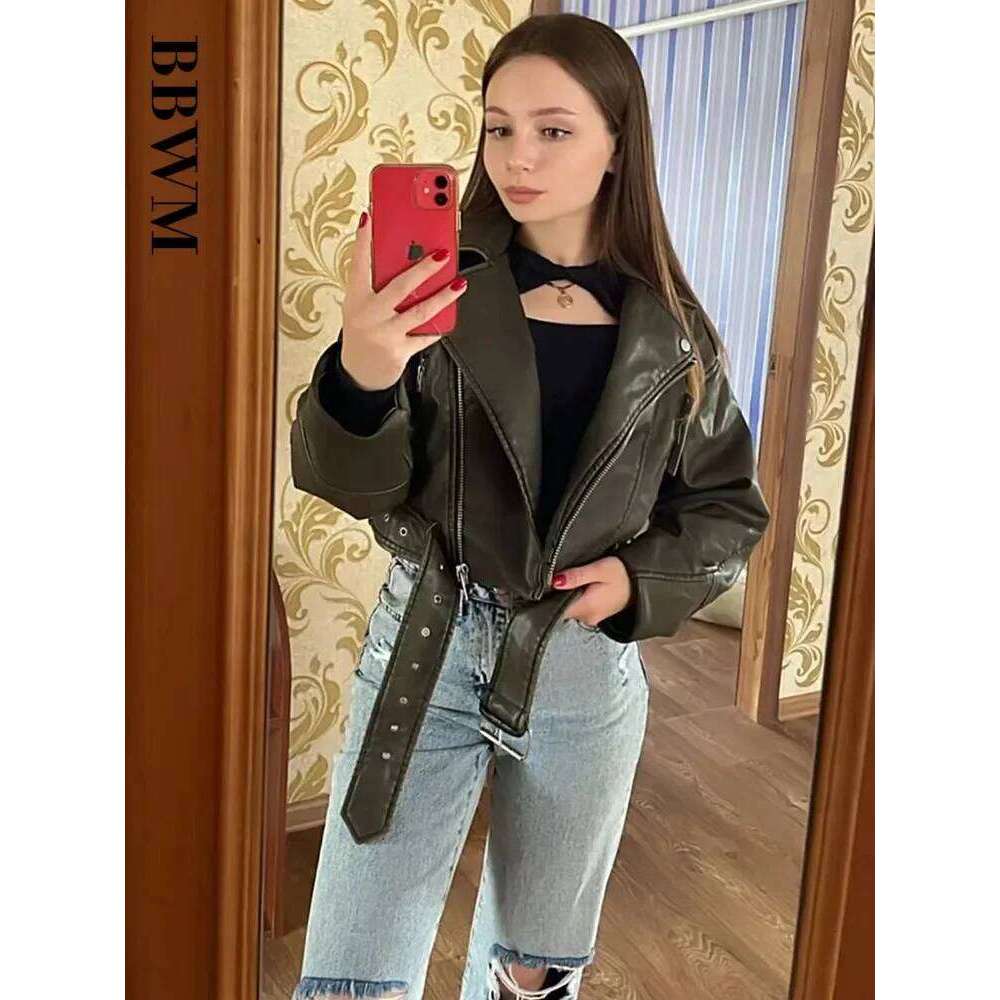TRAF Women Oversized Vintage Loose Pu Faux Leather Short Jacket with Belt Streetwear Female Zipper Retro Moto Biker Coat Outwear