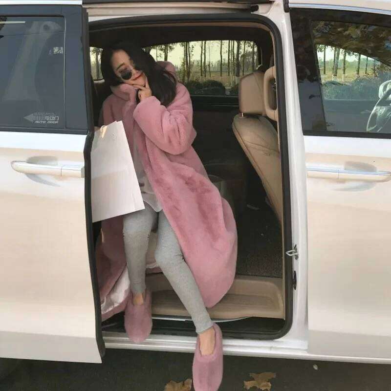 Mid-length Women Imitation Mink Cashmere Overcoat Autumn Winter New Casual Hooded Long Sleeve Thicken Warm Faux Fur Outwear