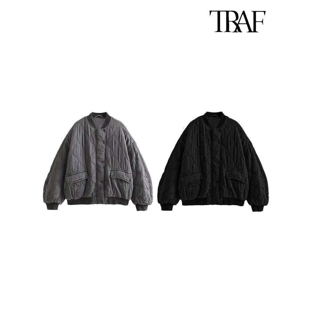 TRAF Women's Fashion Round Collar Single Breasted Long Sleeve Aviator Solid Color Quilted Commuter Warm Casual Jacket