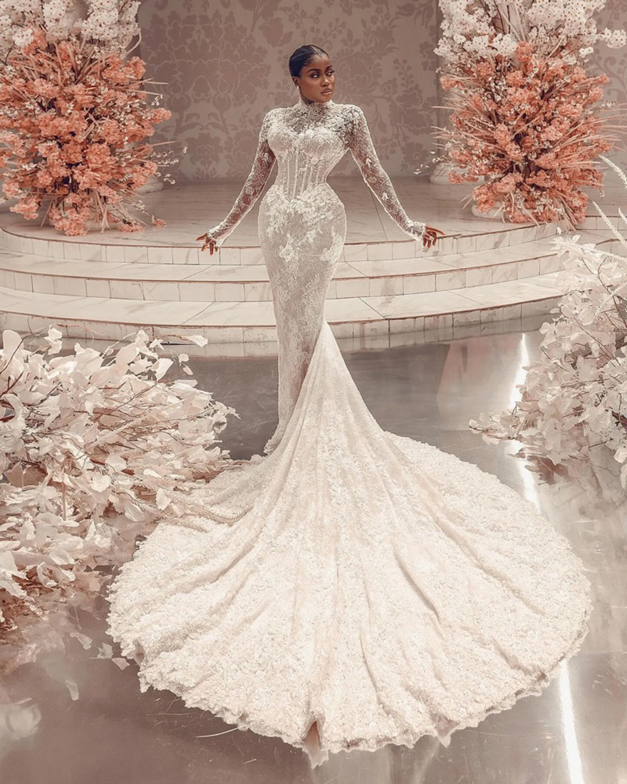 Vintage Mermaid Chart Wedding Dress high neck fulllace long sleeves plus size wedding dresses Bridal Gowns button back sweep train lacefull robe de ma