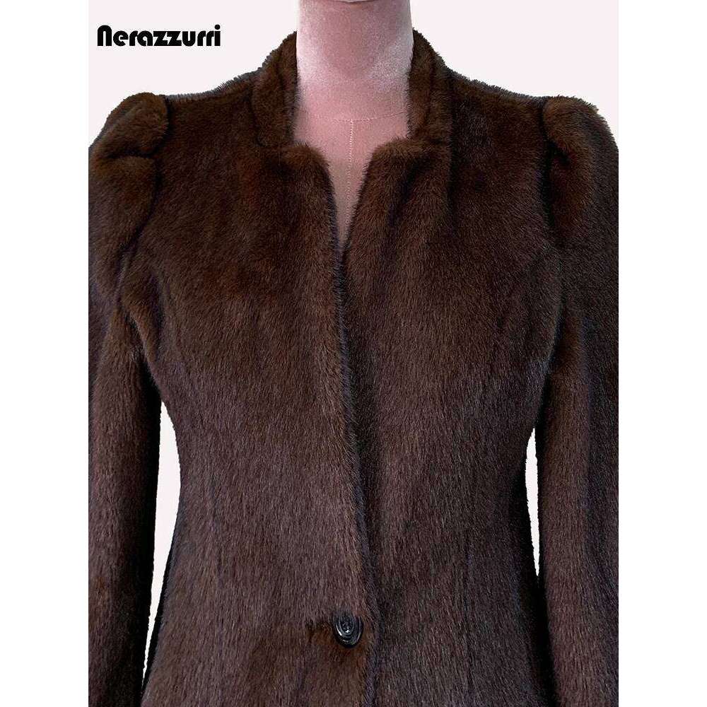 Nerazzurri Winter Short Brown Thick Warm Soft Fitted Faux Mink Fur Coat Women Single Button Elegant Chic Fluffy Jacket
