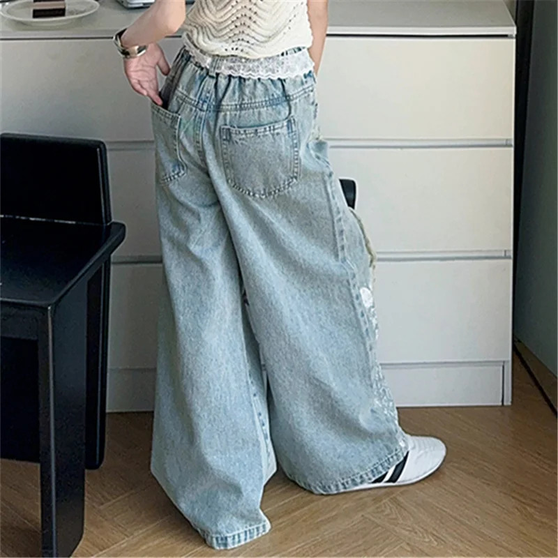 Kids Stylish Streetwear y2k Jeans For Girl Lace Drawstring Denim Pants Child Fashion Hip Hop Ripped Trousers with Holes 250528