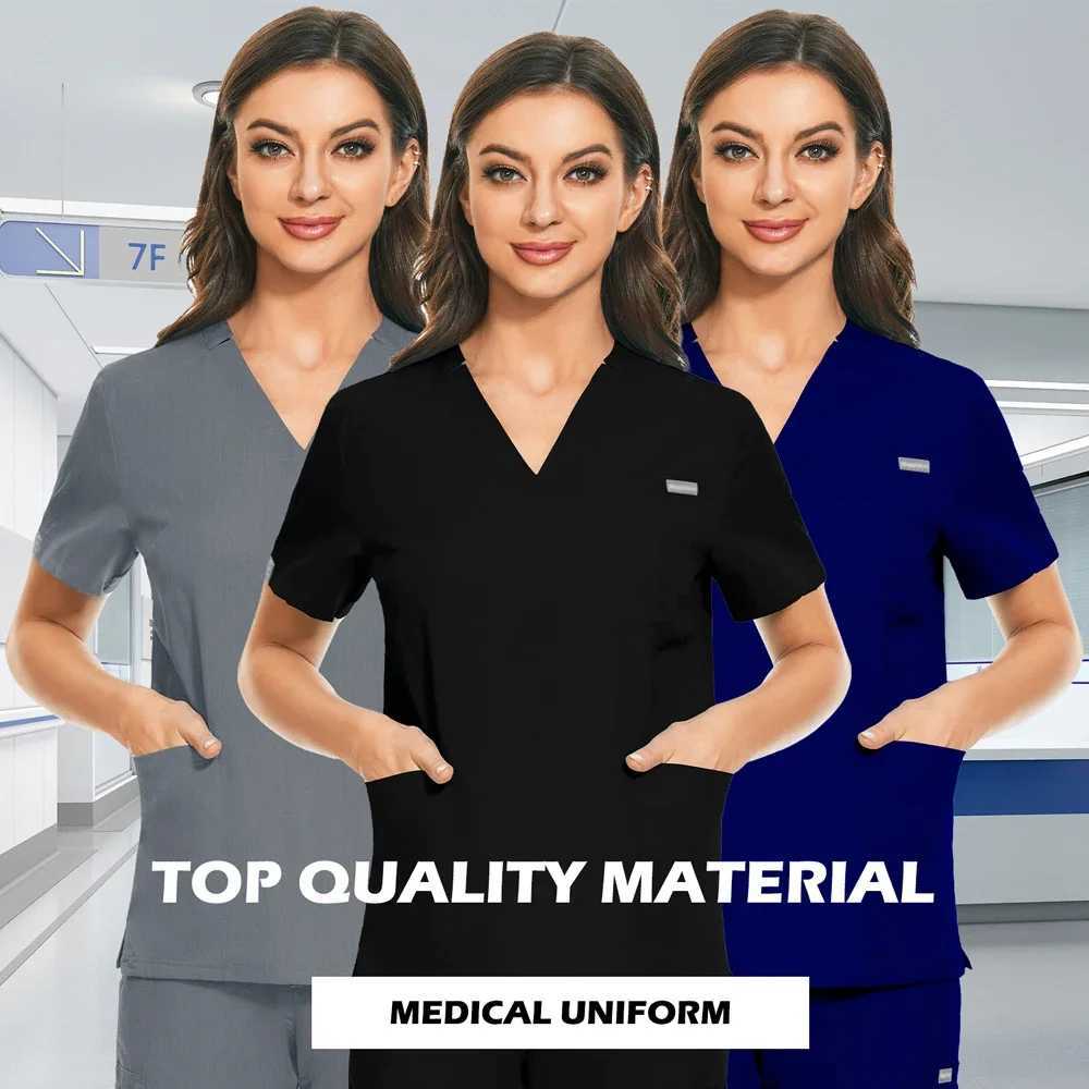 Nurse Scrub Shirts Medical Uniform Workwear for Women Men Nursing Surgical Navy Gray Classic V Neck Scrub Tops Scrubs Blouse X250528