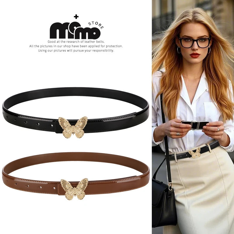 Elegant Womens Belts Pink Y2k Belt Fashion Gold Butterfly Buckle Belt Black Brown Ladies Leather Belts for Jeans Dresses 250527