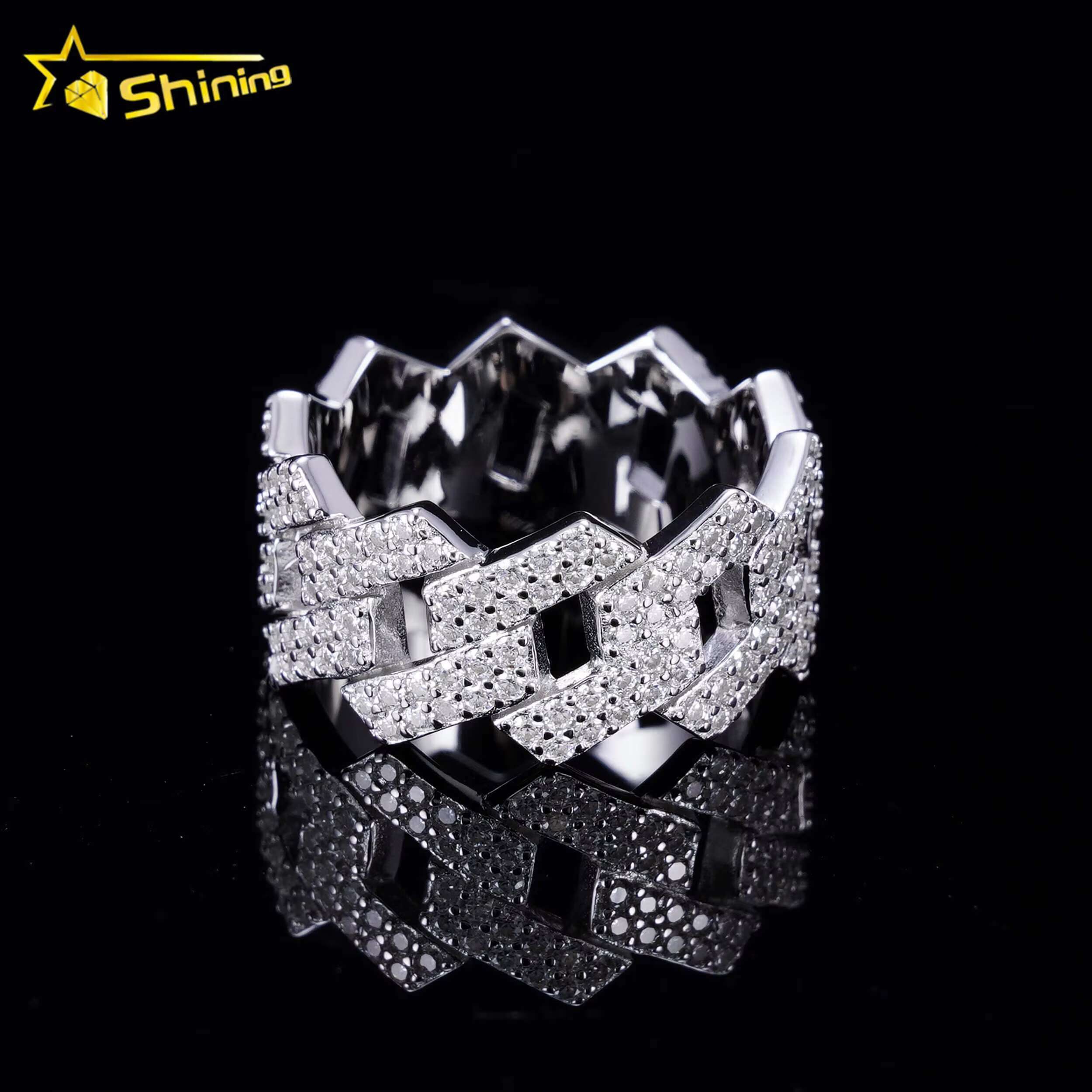 Wholesale Factory Price in Stock Moissanite Jewelry 925 Silver Iced Out 2 Row Diamond Cuban Rings Moissanite Hip Hop Ring