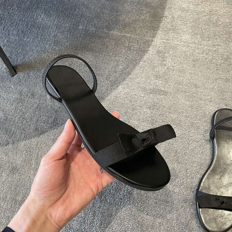 ~2025 Summer New Genuine Leather Fairy Style Bowknot Sandals for Women One-Strap Flat Slippers