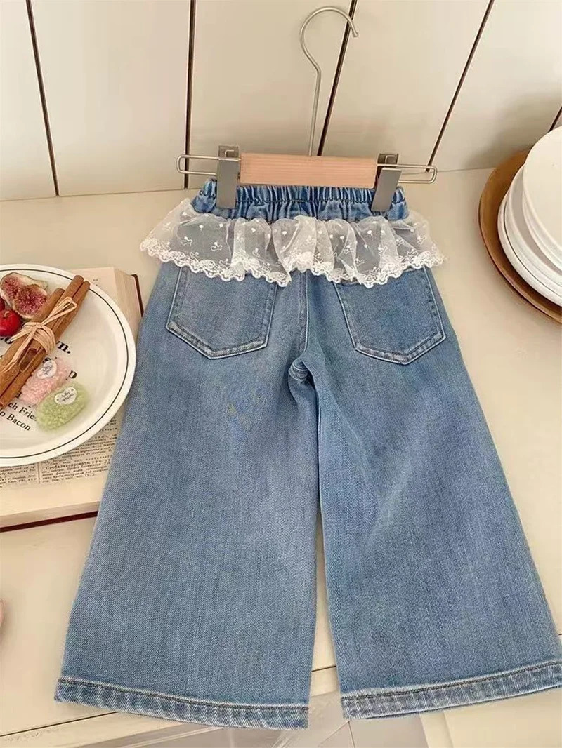 Girls Stitching Lace Denim Pants Spring Embroidered Bow Jeans Children Clothes Kids Straight Legged Loose Trousers 250528