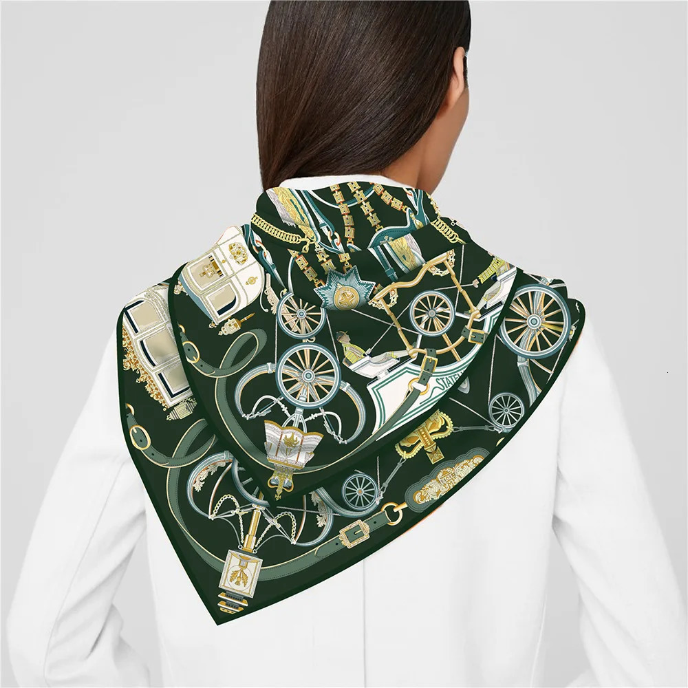 90CM Silk Scarf Women Horse Carriage Print Square Scarves Head Echarpes Silk Foulards Femme Wraps Beach Shawl Bandana Lady Hijab 250527