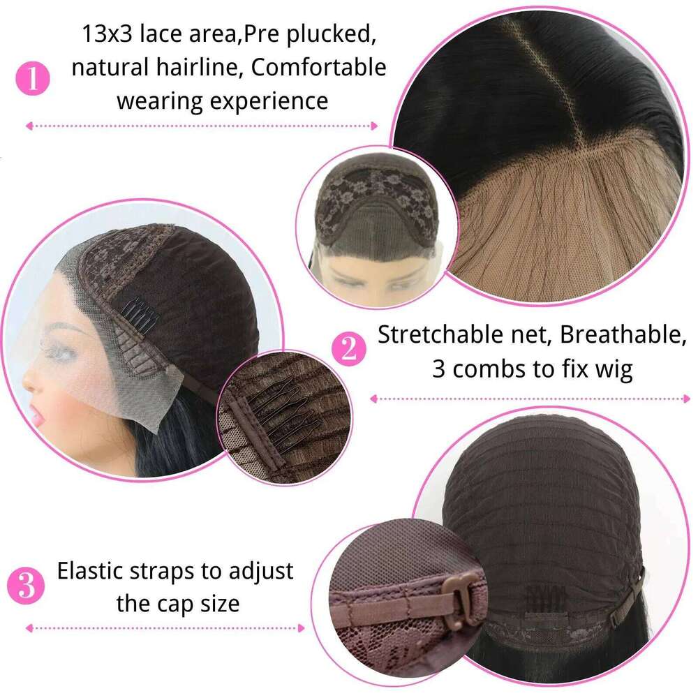 Long Straight Natural Black Pre Plucked Synthetic HD Lace Front Wig For Women Glueless Heat Resistant Fiber