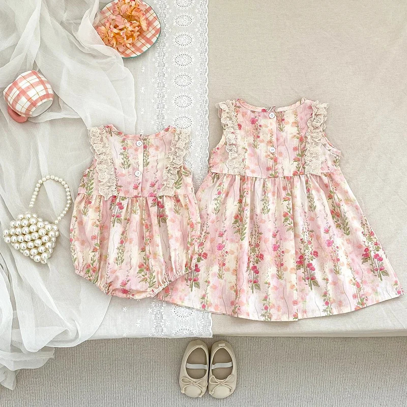 Family Matching Sister Outfit Summer Baby Girl Clothes Pink Lace Bow Flower Girls Dress Cotton Romper Princess 250528