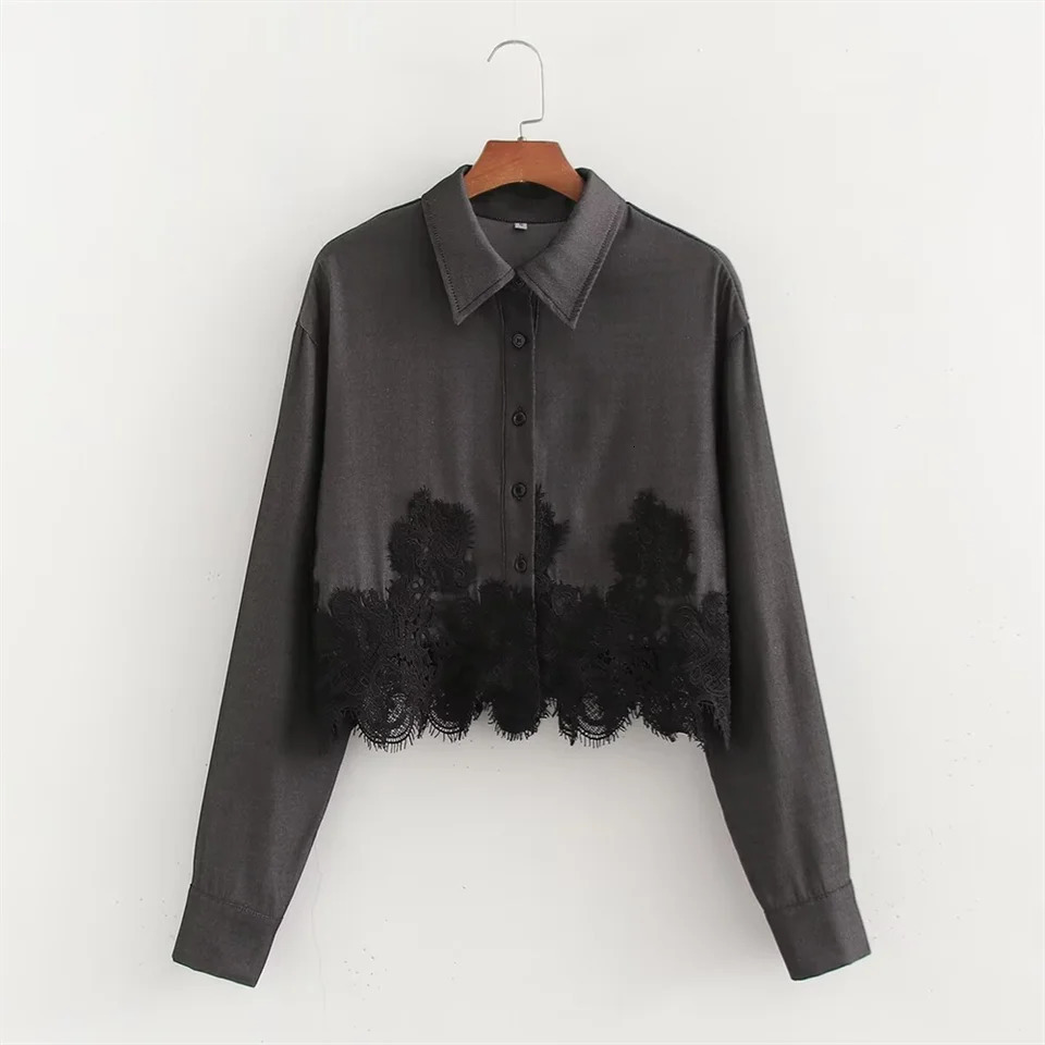 PB ZA autumn womens clothing style slim fit simple and versatile denim patchwork lace long sleeved shirt 250523
