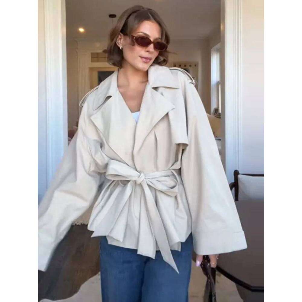 2025 Spring Windbreak Coat Women Chic Lace Up Lapel Full Sleeves Pocket Cropped Jacket Lady Casual Drop Shoulder Commute Outwear