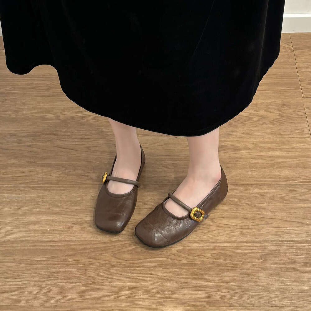 Sheepskin Version ~ Genuine Leather Flat Square Toe Shallow Mouth Mary Jane for Women 2024 New Style One-Strap Versatile Commuter Single Shoes